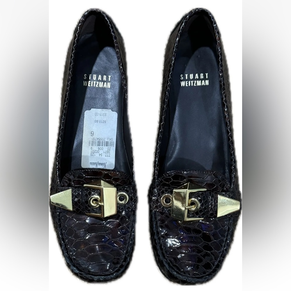 Stuart Weitzman - Brown Patent Snake Print Gold Buckle Loafers Women's Size: 6